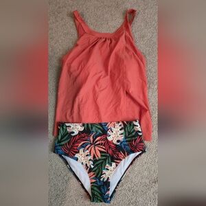 Tropical Print High-Waisted Bikini Bottoms with Coral Top